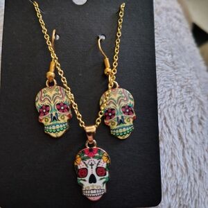 Colorful Skull Pendant and Earring Set